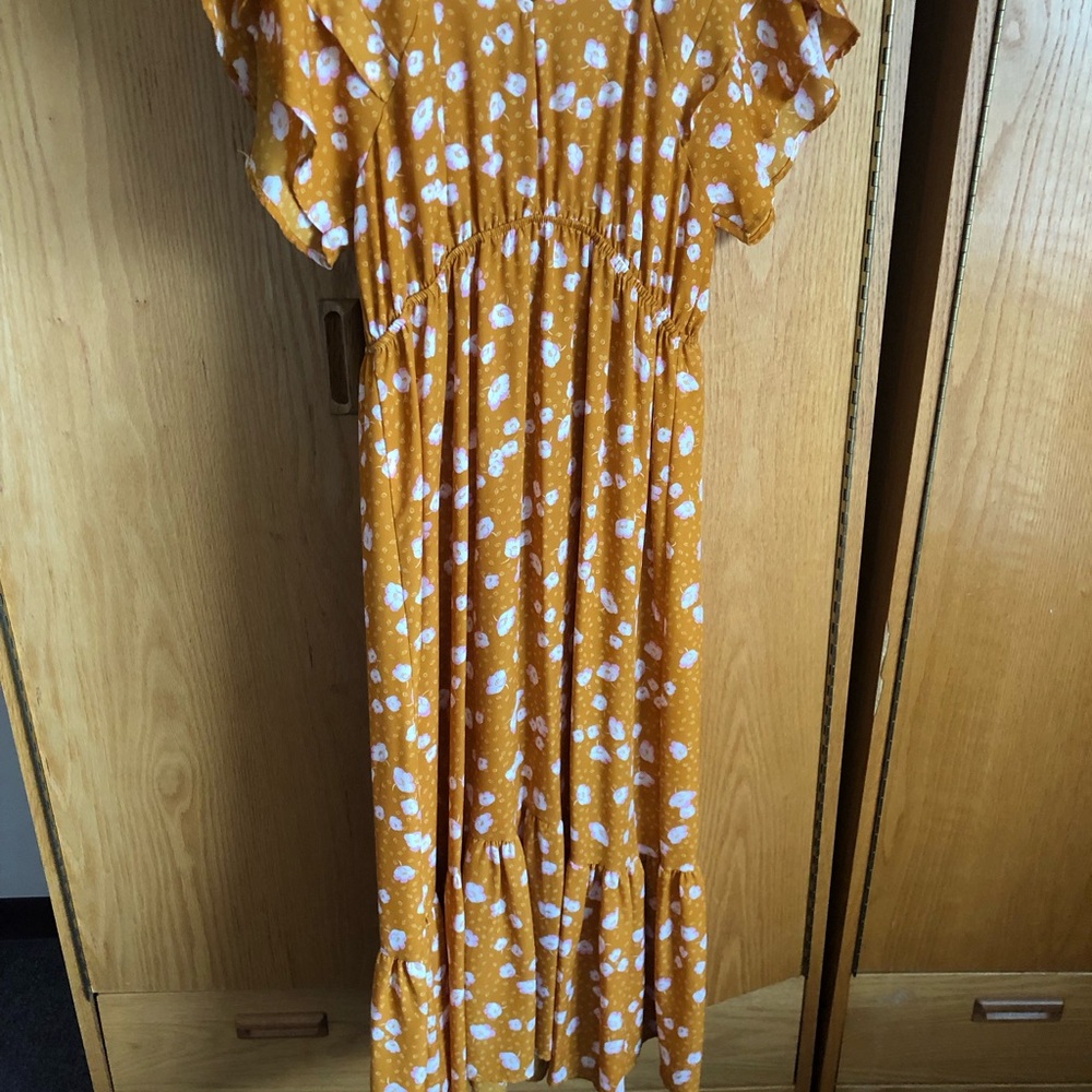 Reborn J Mustard Yellow Midi Dress with White Spot Print